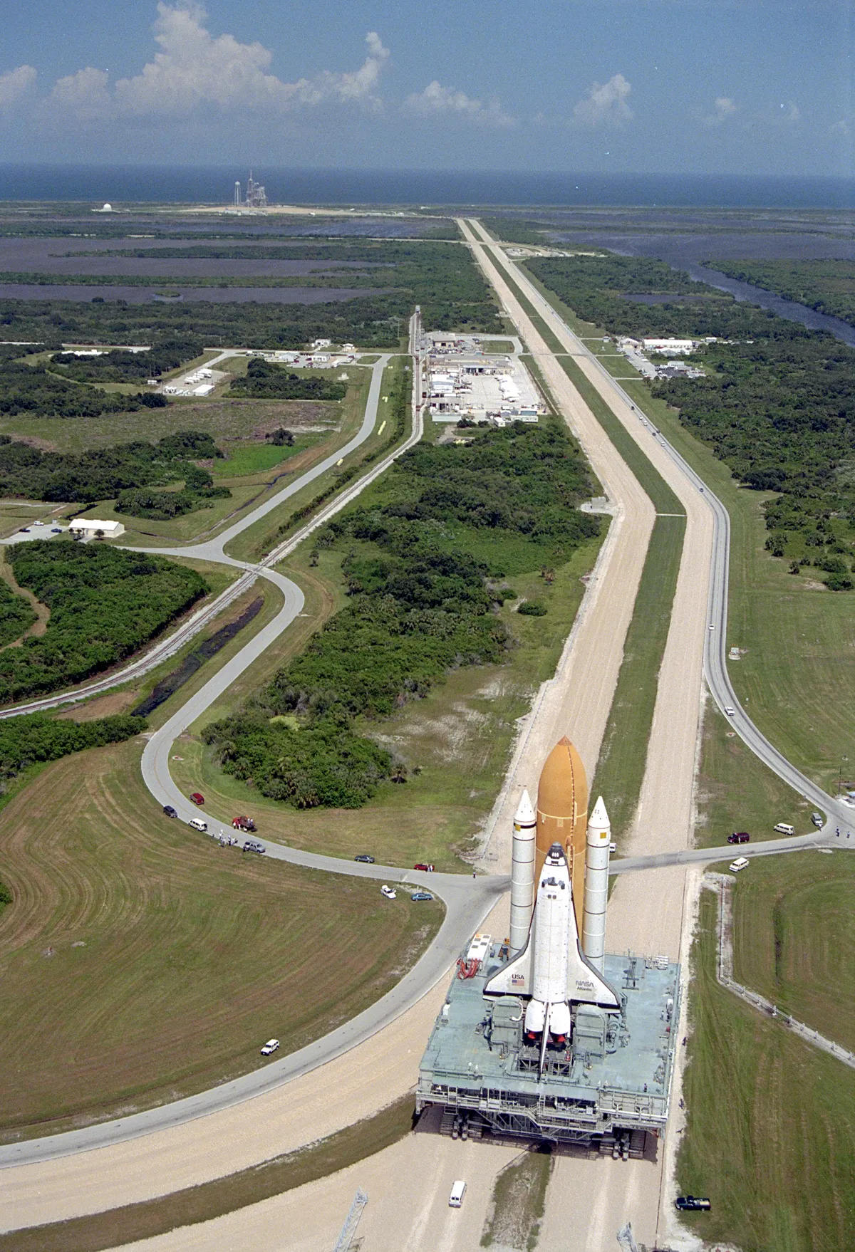 NASA's Space Shuttle Atlantis (STS-79) rolls out on 20 August 1996 to Launch Pad 39A at the NASA John F. Kennedy Space Center in Florida, United States of America.