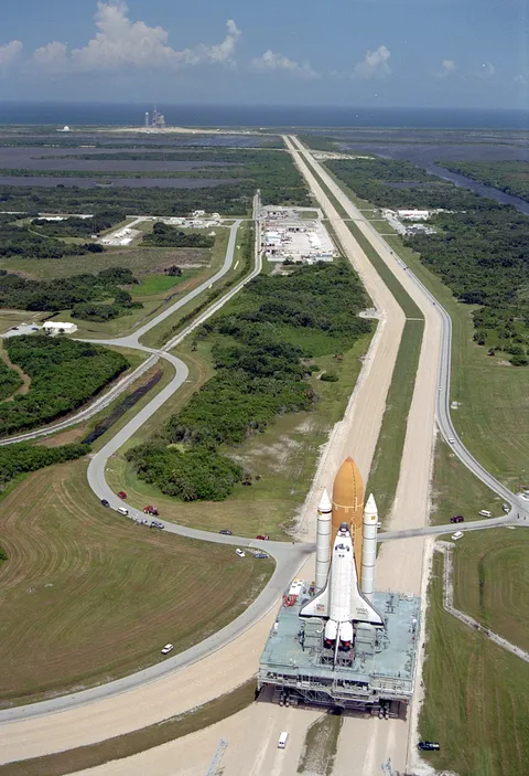 NASA's Space Shuttle Atlantis (STS-79) rolls out on 20 August 1996 to Launch Pad 39A at the NASA John F. Kennedy Space Center in Florida, United States of America.