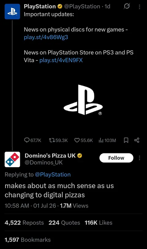 PlayStation just got ratioed by a fucking pizza place lmao
