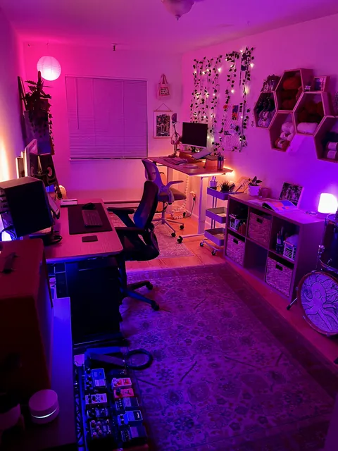 My girlfriend’s and my office looking cozy at night.