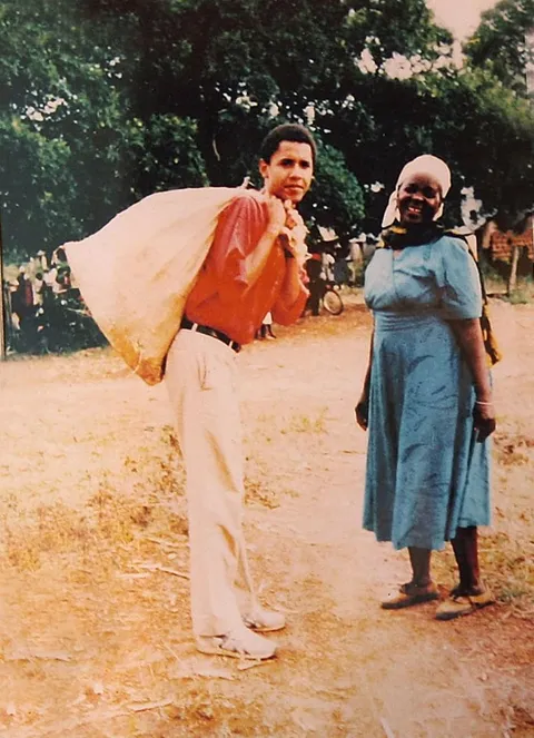Barack Obama visiting his step-grandmother Sarah Ogwel Onyango Obama. Kenya, 1988. Sarah Obama, affectionately called Grandma Sarah by the former U.S. president, was the third and youngest wife of Obama's grandfather.