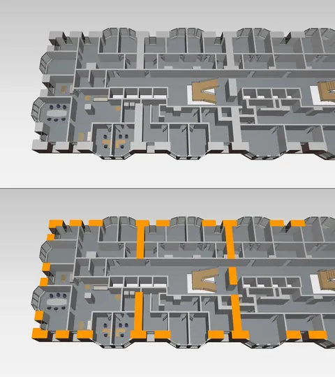 Monadnock Building's thick wall, from 6'(183cm) at bottom to 1½'(46cm) on top