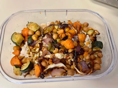 Inexpensive barley, roasted veggie, and chickpea bowls with maple and balsamic