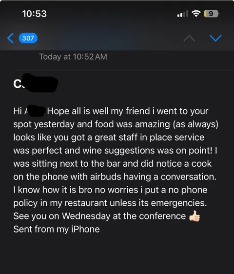 This email my boss received from his friend (another restaurant owner) who dined with us the other night. 