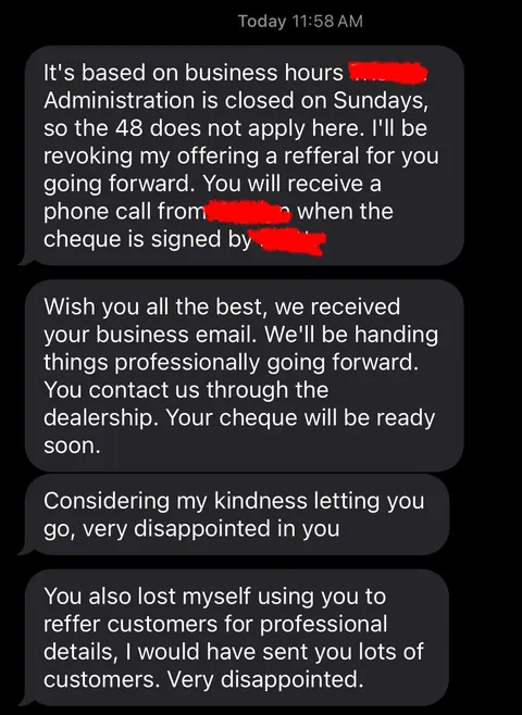 Got fired, asked when my final cheque would be available. Didn’t get back to me, filed a complaint via my local labour board. This is the text I got back from my former manager.