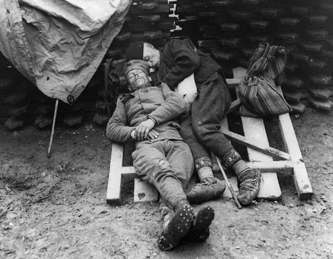 A Soldier Sleeping With His Father Who Came To Visit Him In The Trenches On The Front Line Near Belgrade, 1914/1915. War is Hell.