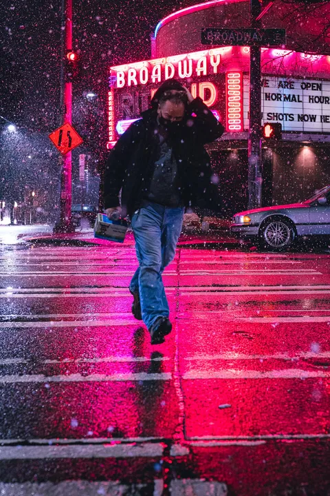 Snowy streets beer run.