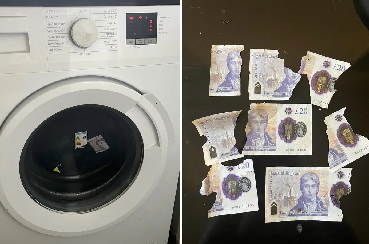 Over £120 has appeared from my washing machine in the form of torn £20 notes over several washes