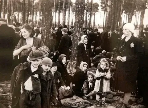 Jewish women, the elderly, and children before being sent to the gas chambers – Auschwitz, 1944