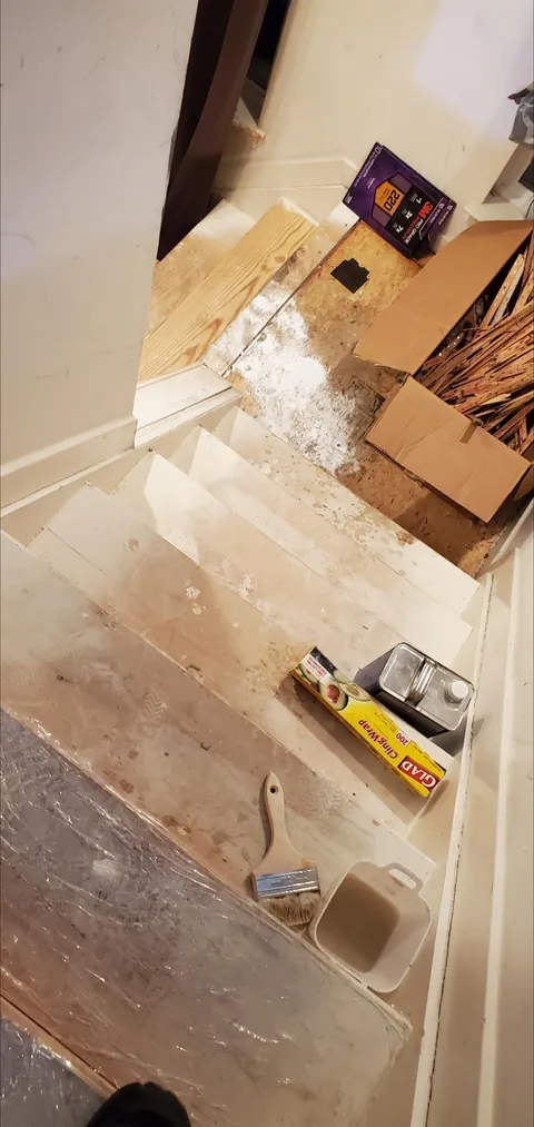 Carpeted pine stairs → sanded and stained wood (first woodworking project from start to finish)