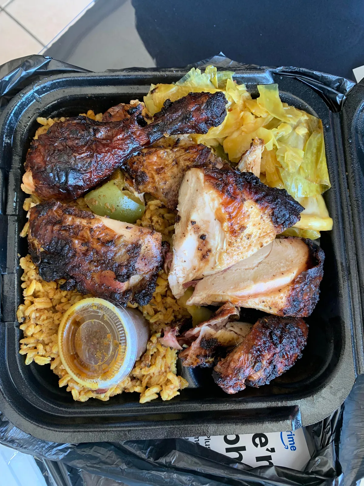 [i ate] Guyanese food! (Jerk chicken, rice and peas,stewed cabbage, conch fritters)