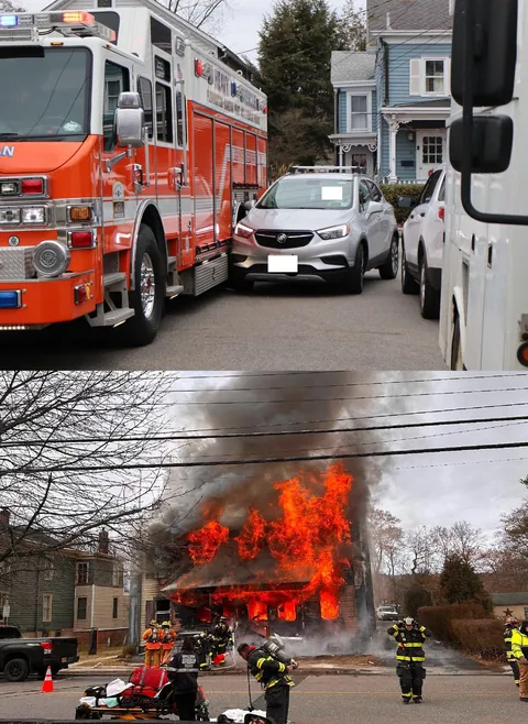 [OC] Road closed due to massive house fire with emergency vehicles blocking the street; idiot tried to squeeze through anyways, failed, hit the heavy rescue fire truck.
