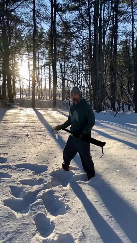 Katana chopping hot water bottle in sub-zero temps