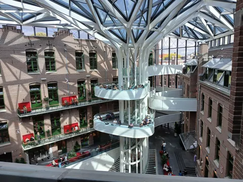 The new library of the University of Amsterdam. It incorporates the old buildings of a hospital.