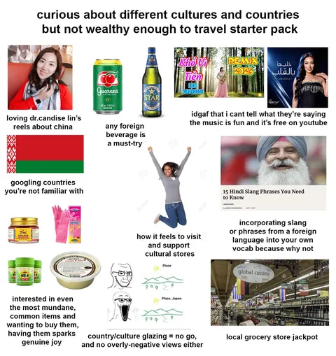 curious about different cultures and countries but not wealthy enough to travel starter pack
