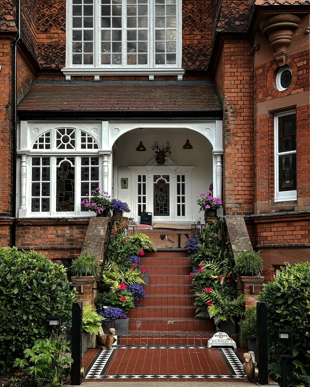 Facade of a brick townhouse in Hampstead, London, UK.