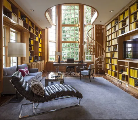 Home office with a high ceiling full of natural light in a renovated 1920s residence, Denny-Blaine, Seattle [1200x1046]