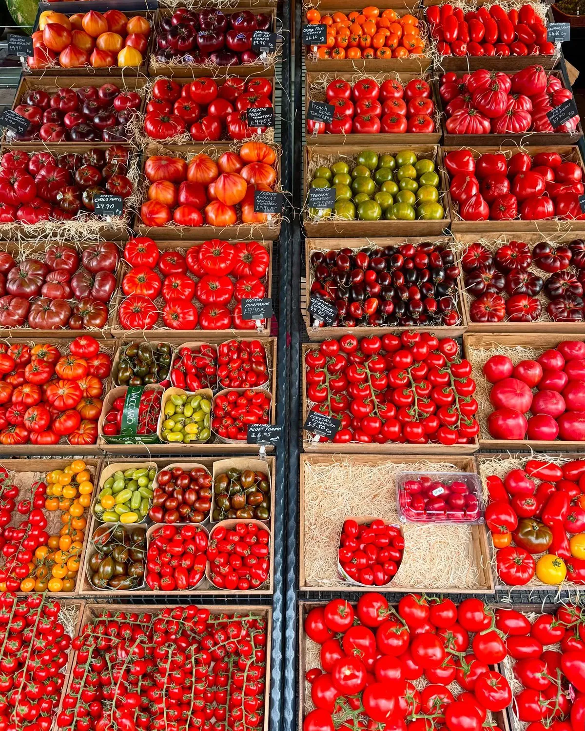 A stunning variety of tomatoes at a greengrocer in England