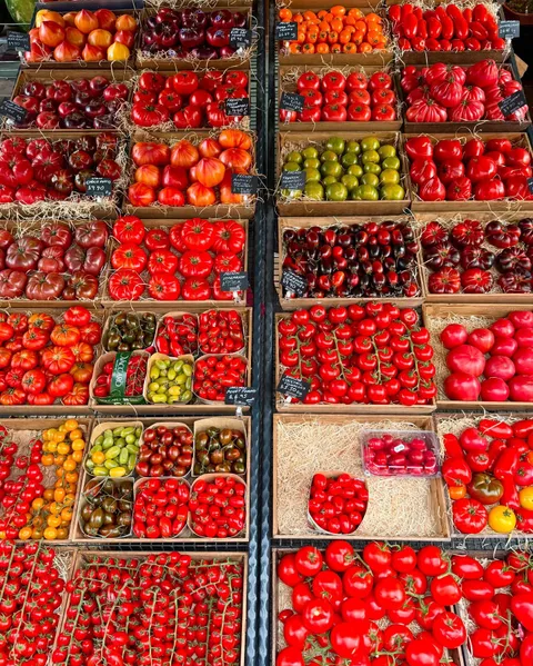 A stunning variety of tomatoes at a greengrocer in England