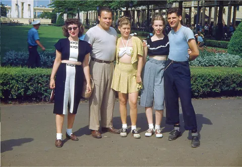 5 friends posing at the park, girls dressed in what today looks like crop tops, august of 1948, Kodachrome slide.