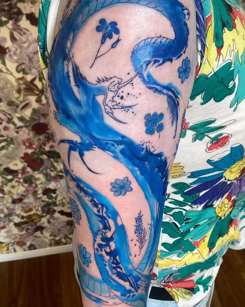 Blue abstract dragon &amp; flowers- my first tattoo by Haruka (Tokyo)