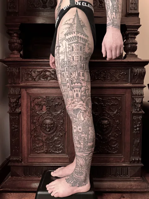 Full leg tattoo made by me (Ivan Zagusta) at Zaraza tattoo shop in Warsaw, Poland.