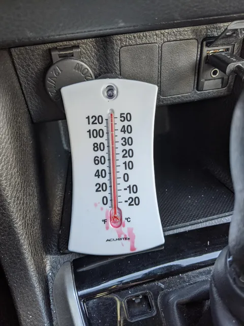 Here's a reminder of why you should never leave anything that is living or flameable in your car. I wanted to see how hot it actually got in the car, but it got so hot the thermometer exploded, windows were cracked 3cm and I had the sun visor up.