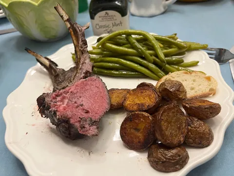 [homemade] Sous vide Dijon garlic rubbed rack of lamb.  Finished on the grill.