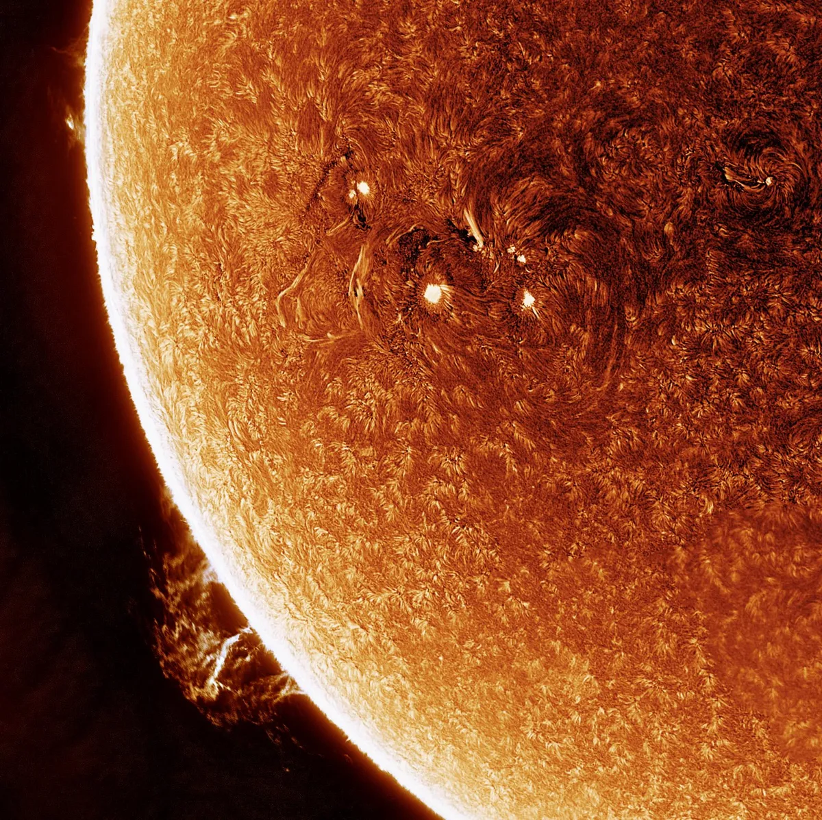 Right now there is a massive prominence hanging on the southwest limb of the sun. I captured a photo of it this morning using a modified 5" telescope from my backyard. [OC]