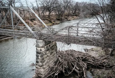 Log Jam and Abandoned Bridge over the Walnut River. Central Kansas. [OC]