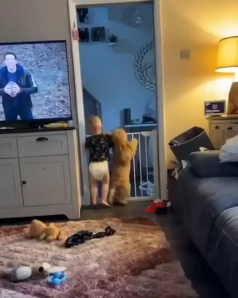 Excited toddler and his buddy.