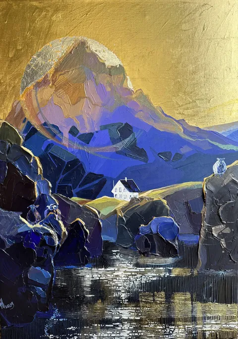 me and the sheep, Anastasia Trusova, acrylic, 24 carat gold, silver, 2023