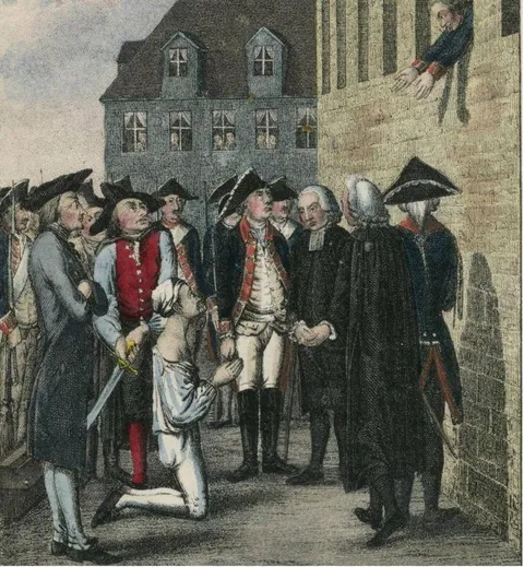 A colorized illustration of Frederick the Great's close friend (and rumored to be lover) Hans Hermann von Katte about to be executed for attempting to run away to England with the crown prince. Frederick was forced to watch him be decapitated.