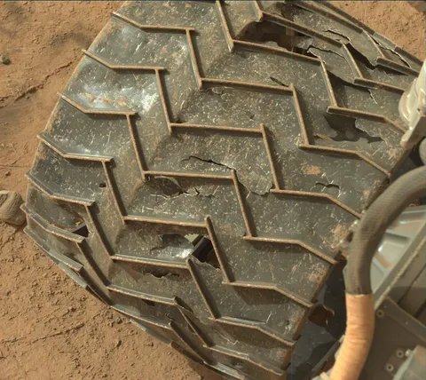 The Curiosity rover's wheel(s) after almost a decade on the rugged Martian terrain