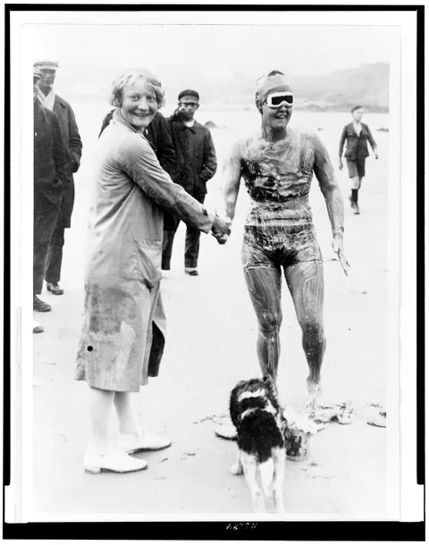 Gertrude Ederle when she crossed the english channel, 26 of August of 1926. Done in 14hr and 31 min, beating the male record of 16hr and 33 min.
