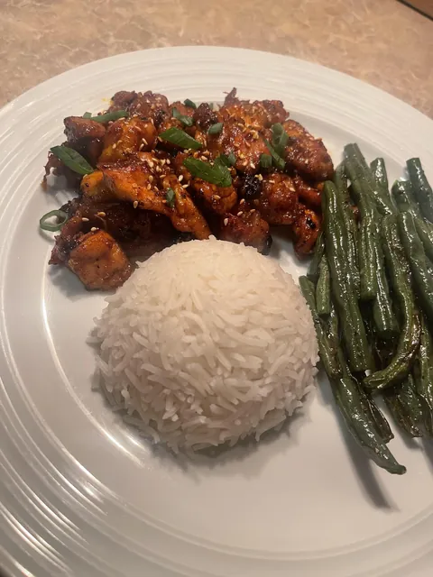 [homemade] Gochujang, hot honey, &amp; garlic chicken with basmati rice and green beans
