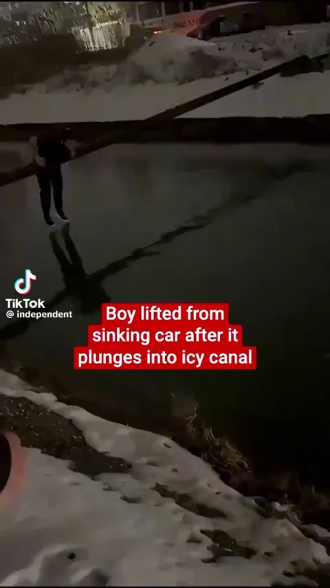 The moment a boy was lifted from a sinking car after it plunged into an icy canal.
