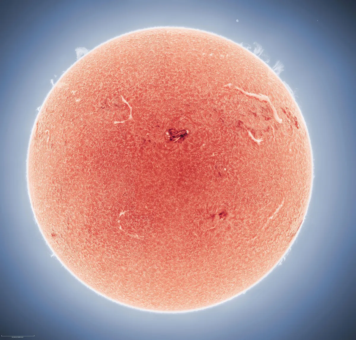 My most detailed image of the sun to date, captured using over 100,000 individual photos from my backyard in Arizona. Earth for scale. [OC]