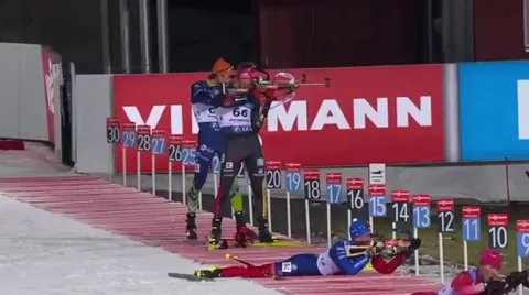 During the biathlon event one contestant knocks the pole out of his competitors hand by accident. He then gives him one of his own to make up for it.