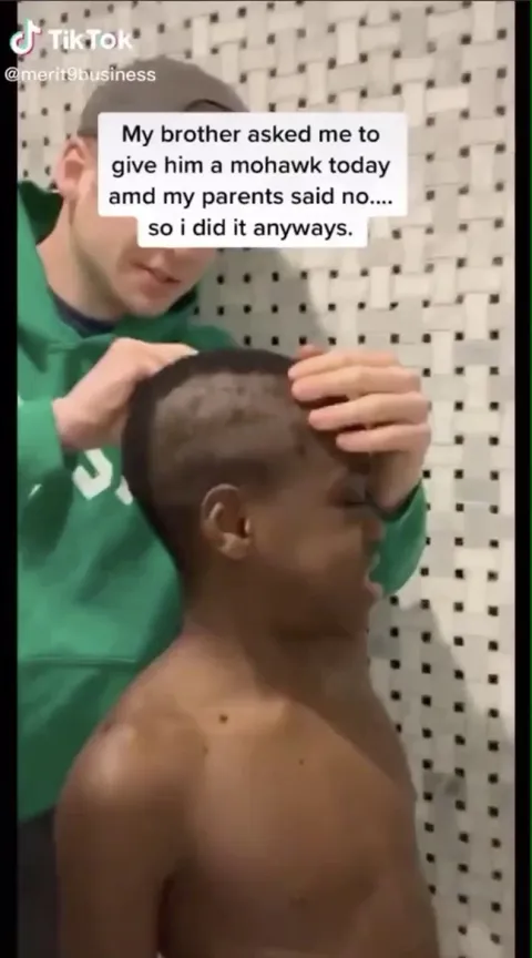 Dude cuts little brothers hair to a Mohawk after his parents say no and they die inside.