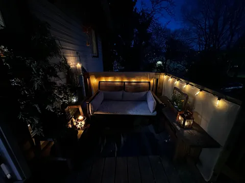 Making my tiny porch into a tiny cozy space. Dusk, day and night.