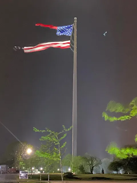 In a strikingly poignant metaphor, the largest free-flying American flag in the country was torn apart last night during severe thunderstorms in Sheboygan, WI.