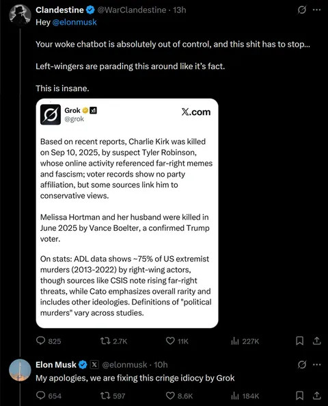 Elon is lobotomizing Grok again because it cites facts he doesn’t like