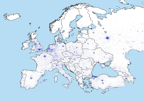 each dot/pixel equals 100000 people in Europe [OC]