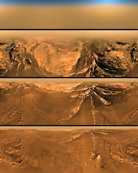 Cassini-Huygens probe took these images of Saturn's moon Titan at four different altitudes as it descended to the surface. The probe not only survived the descent and landing, but continued to transmit data for more than an hour on the frigid surface of Titan, until its batteries were drained.