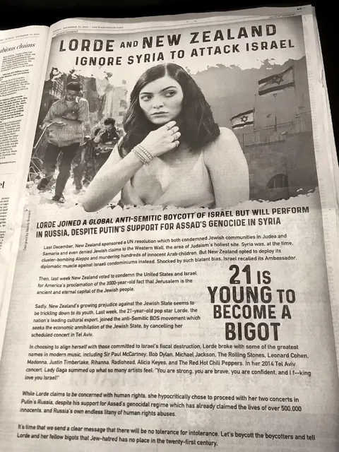 Pro-Zionist American newspaper ad criticising Lorde over her “anti-Semitic” boycott of Israel (2017)