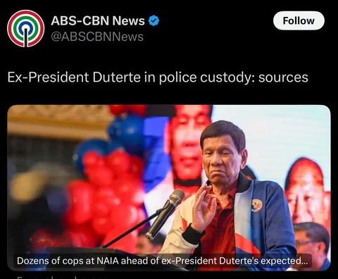 Duterte in police custody after arriving from HK amid his ICC arrest warrant — the world is healingggg