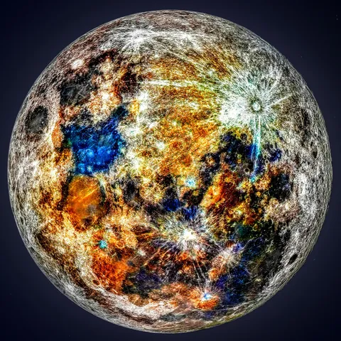 I extracted the color data from 150k images of the moon so you can see where impacts "paint" the moon with different minerals. Wallpaper version and animation linked in the comments [OC]