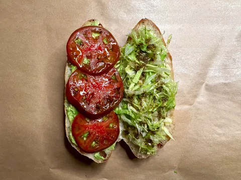 Mortadella, mozzarella, and avocado on [homemade] sandwich roll