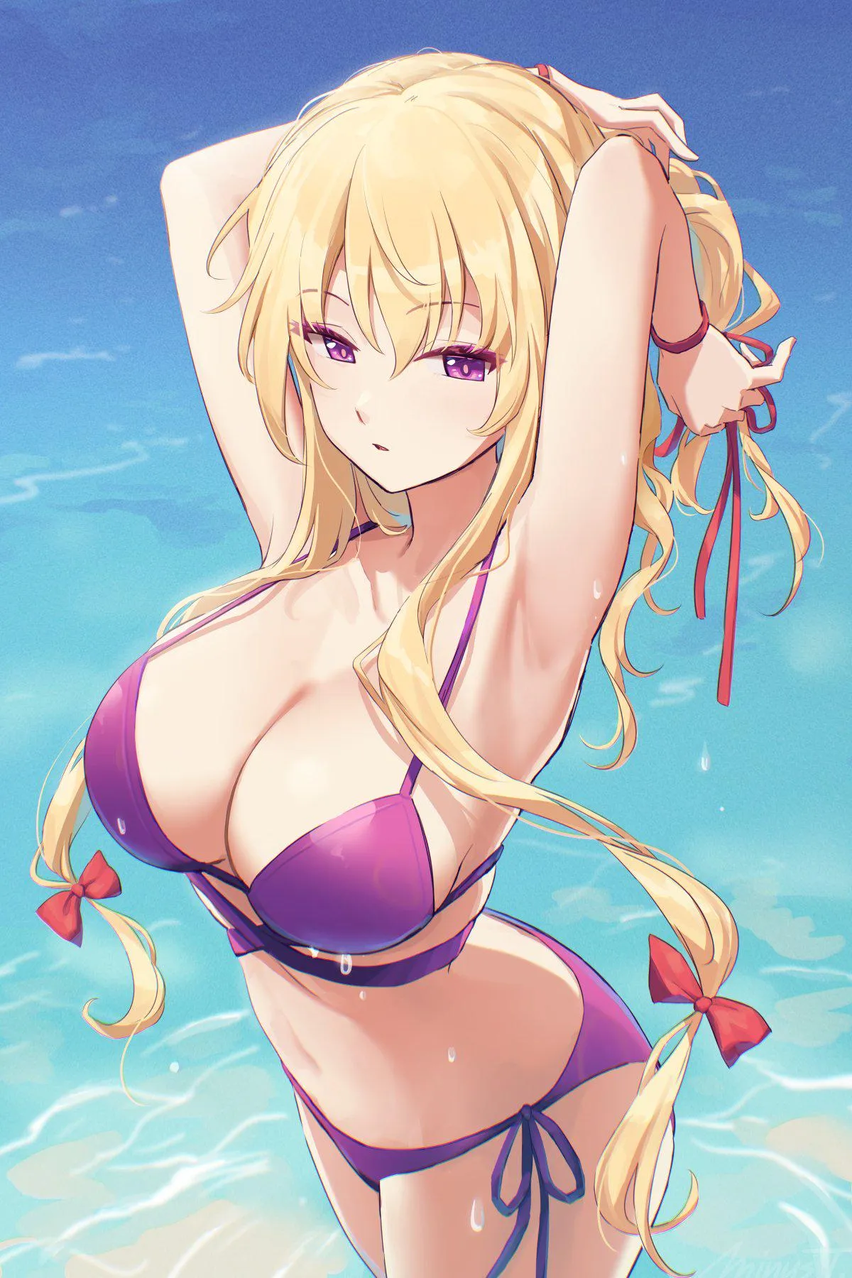 Yukari's purple swimsuit and purple eyes